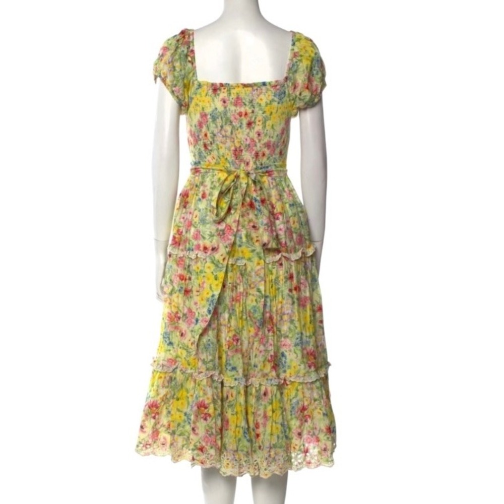 LoveShackFancy Yellow Floral Cotton Silk Tiered Midi Dress M Smocked Lace Trim - Picture 3 of 6